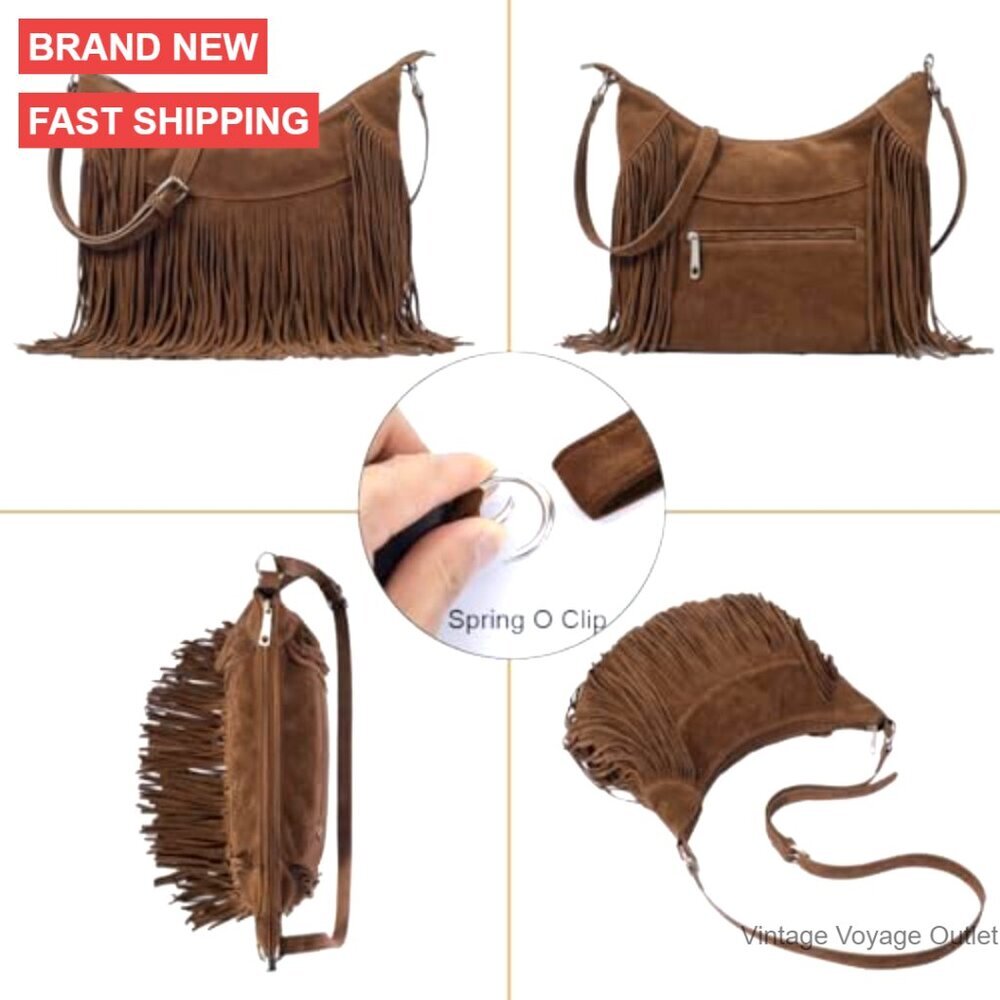 Fringe Hobo Bag Vegan Suede Crossbody Shoulder Purse Medium Size - Picture 4 of 7